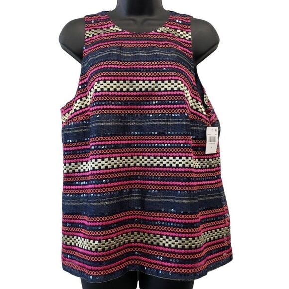 Trina Turk Sequined Blouse Top Women's 6 SMALL Pink Blue Orange Gold Embroidered